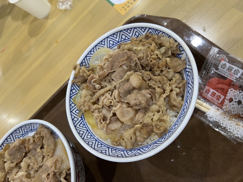 Gyudon beef bowl with ginger on a tray at Tokyo Racecourse
