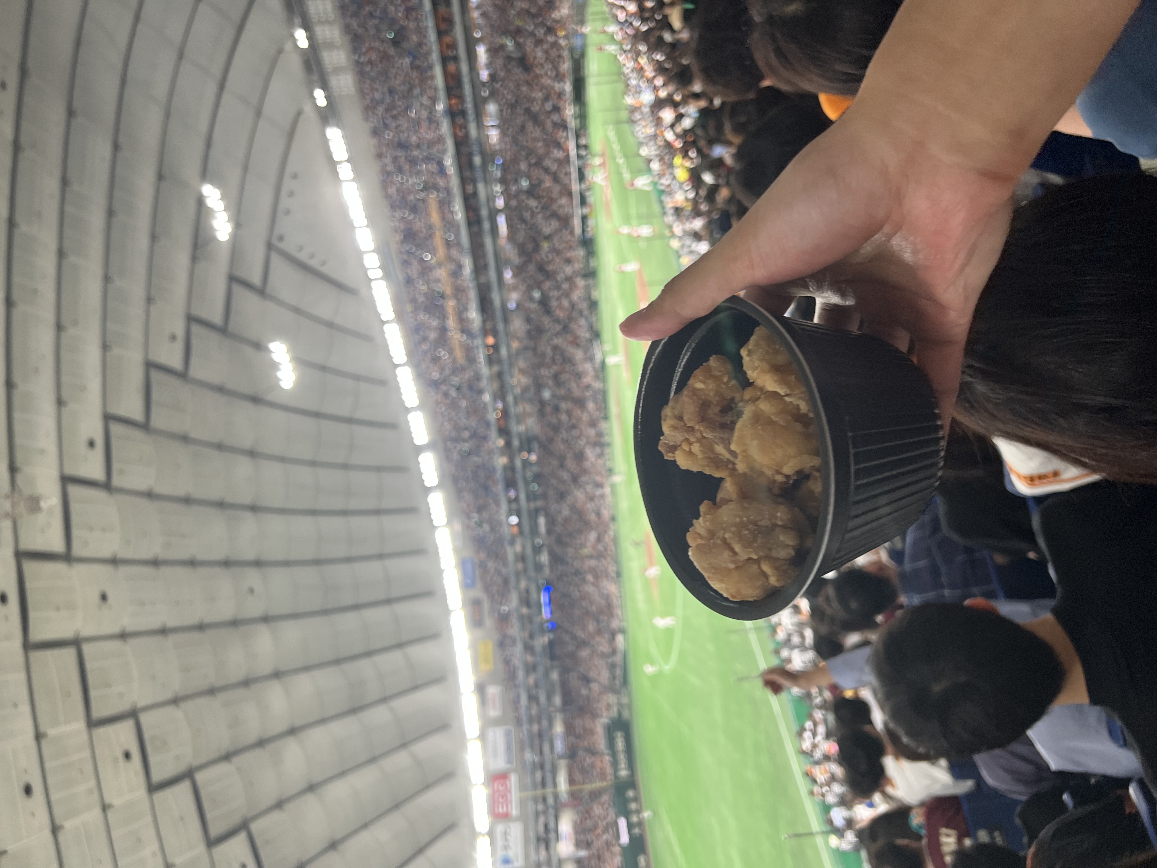 Fried chicken bucket held up in front of the Tokyo Dome pitch